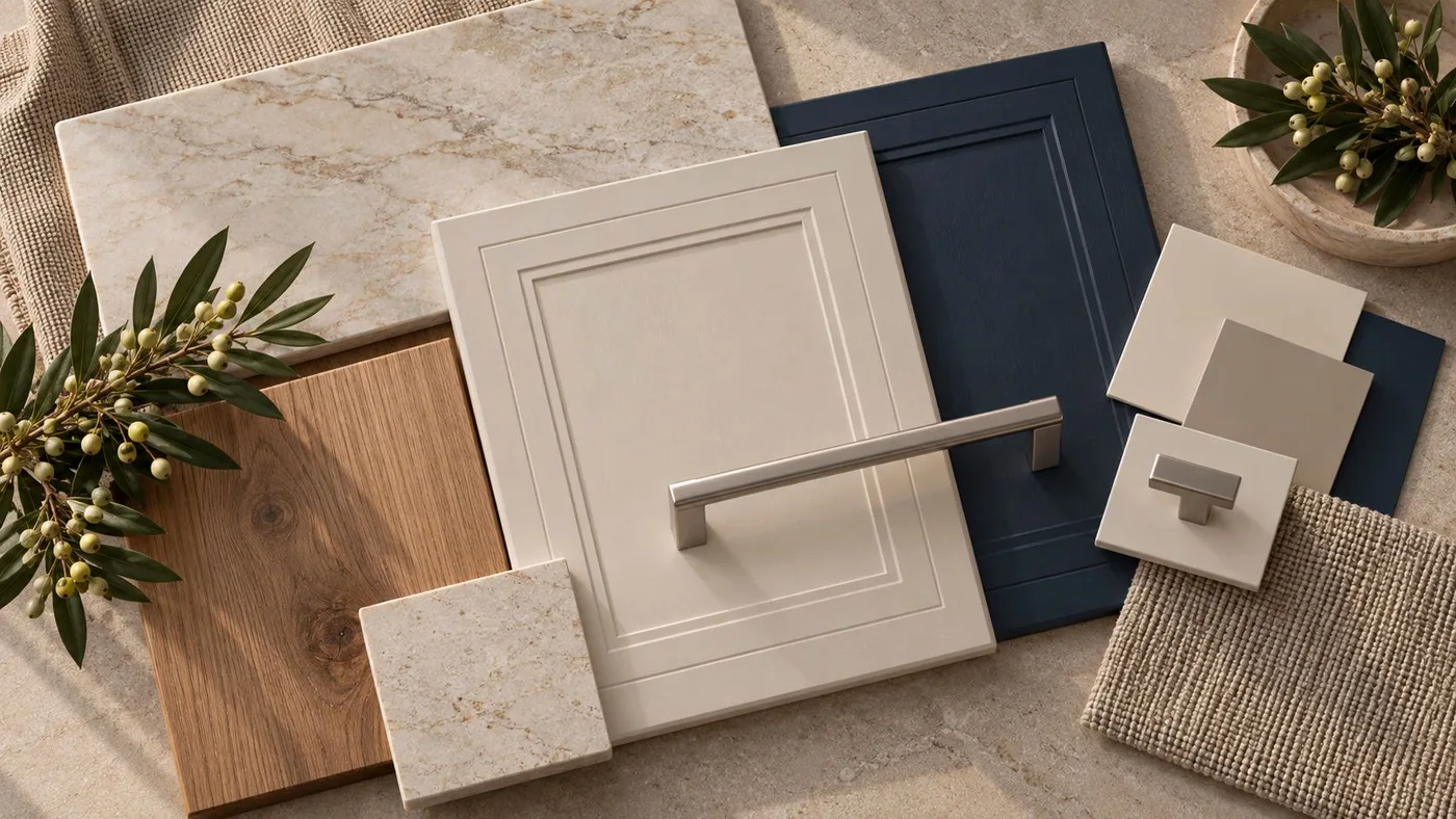 A design mood board of cream and navy painted doors, brushed nickel handles, oak, stone and linen samples