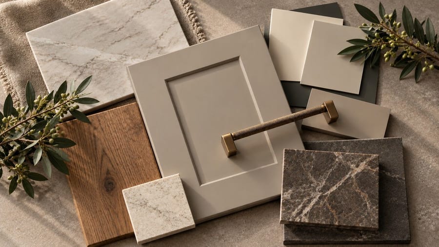 A design mood board of a stone grey shaker door, a knurled brass handle, oak, quartz and marble samples