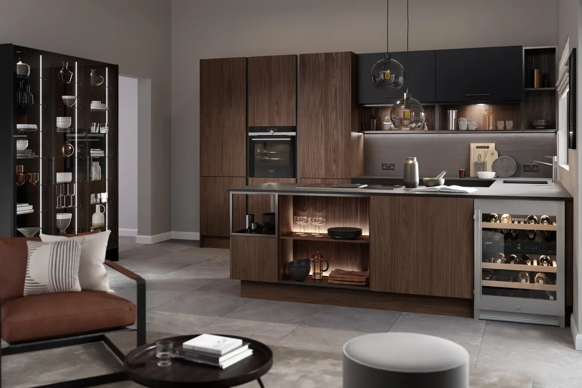 True handle-less walnut slab with black accents