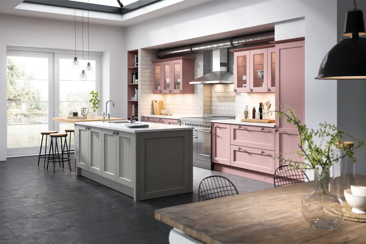 A dusky pink beaded shaker with grey island
