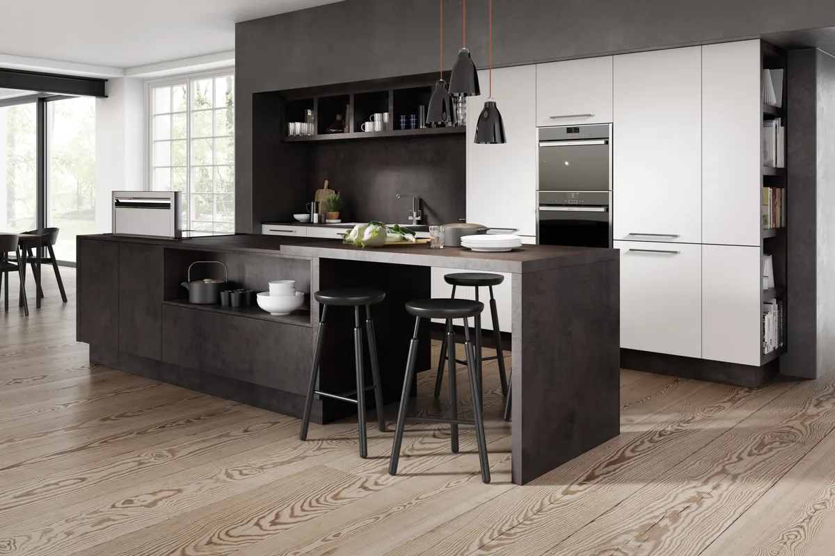 Matt light grey slab with dark grey textured feature island