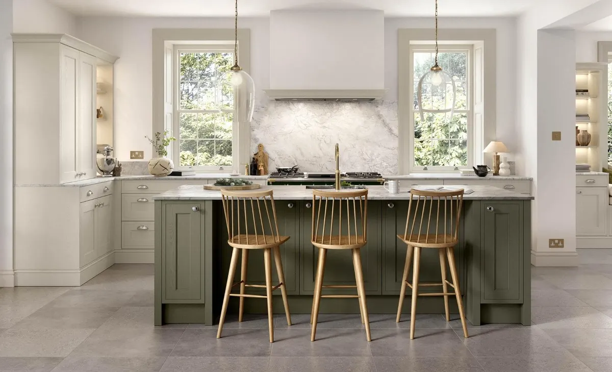 Soft olive mock in-frame with neutral marble worktop