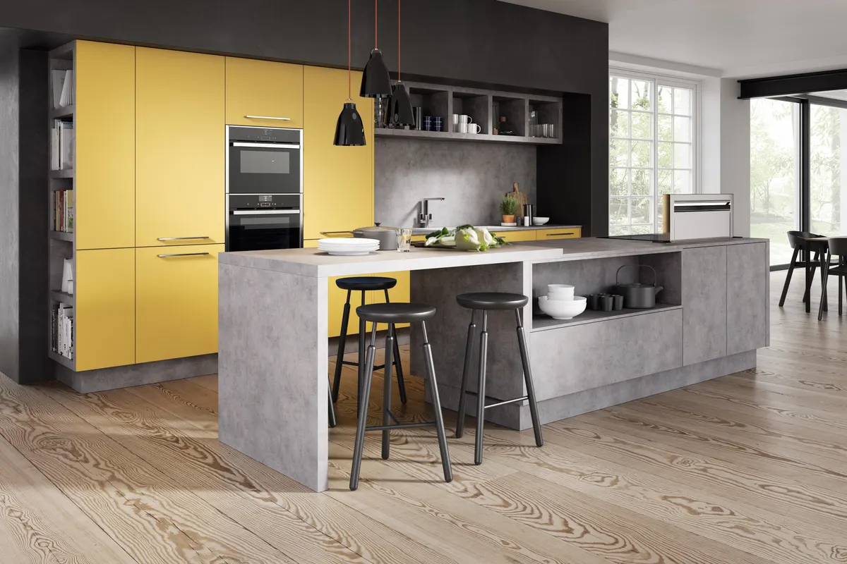 Sunshine yellow slab combined with concrete effect feature island