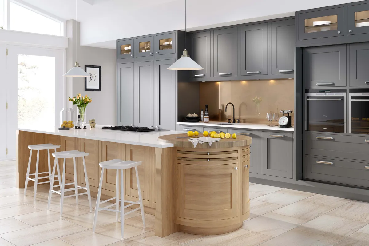 In-frame grey shaker with oak island & barrel butcher block