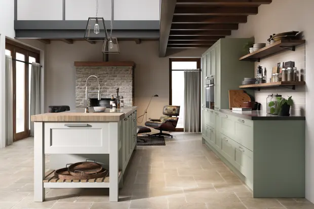 Sage green shaker with ivory island and butcher block