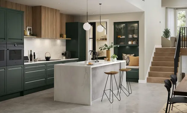 Forest green painted ash shaker featuring integrated handle