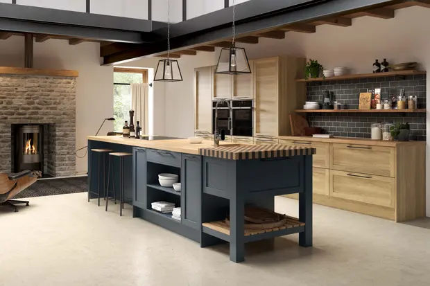 Navy slim shaker with oak, featuring an end grain butcher block