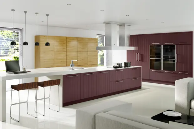 Burgundy painted fluted doors mixed with oak and white